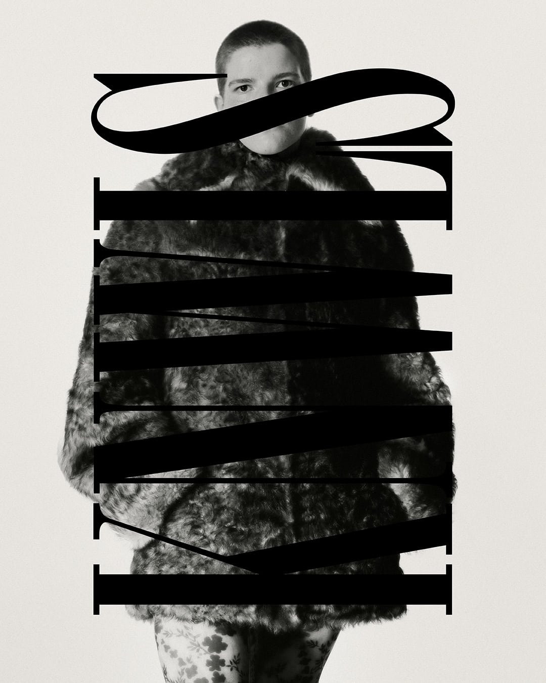 A person in a fur coat poses indoors with a serious expression, with text overlay in black and white.
