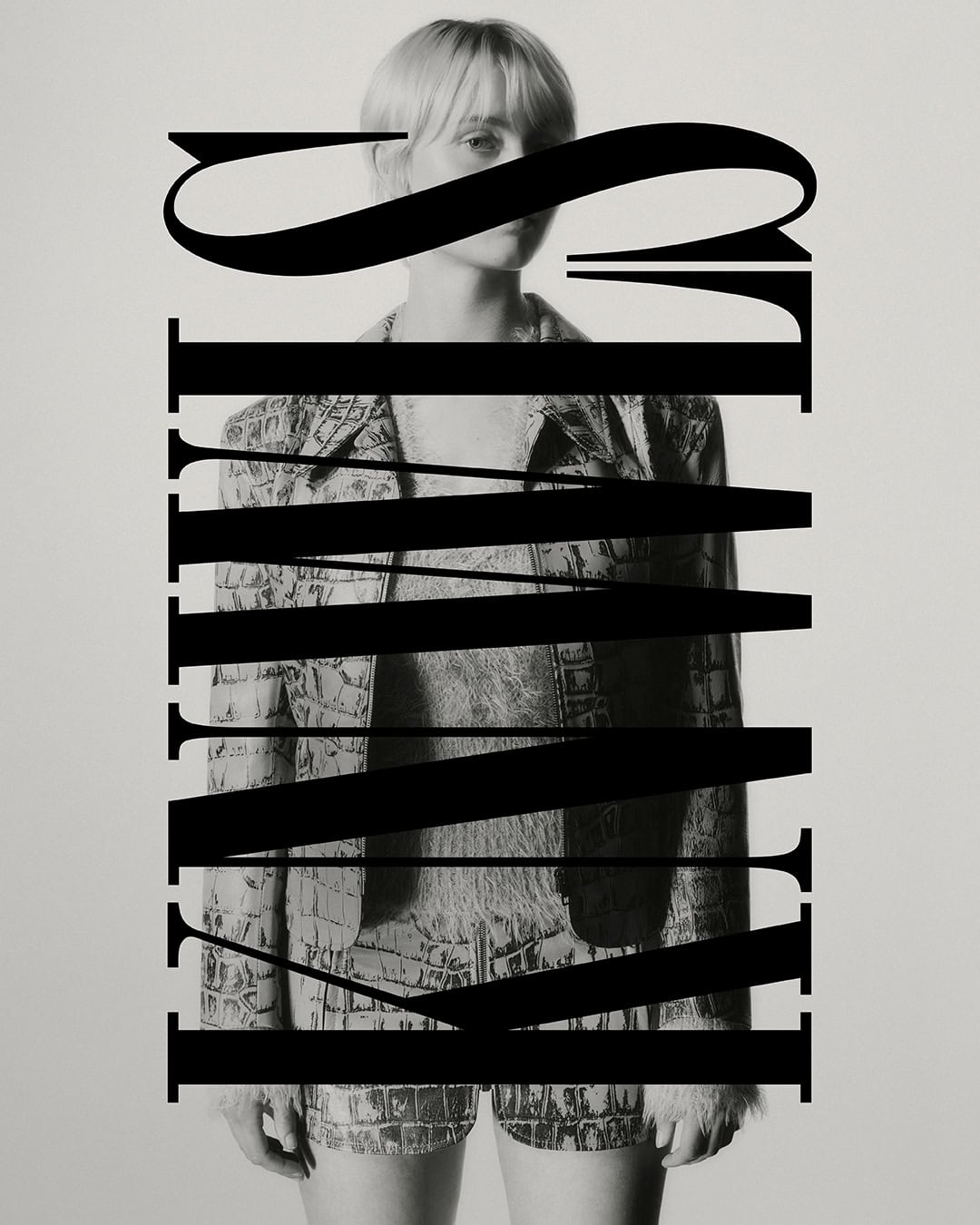 Monochrome portrait of a blonde woman in a patterned suit, partly obscured by bold typographic elements, creating a stylish editorial image.