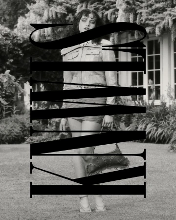 A woman in vintage style clothing is standing in front of a house with garden, the image is overlaid with large text.
