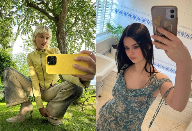 Two young women take selfies in different locations: one outdoors with trees, another in a bathroom with white and blue tiles.