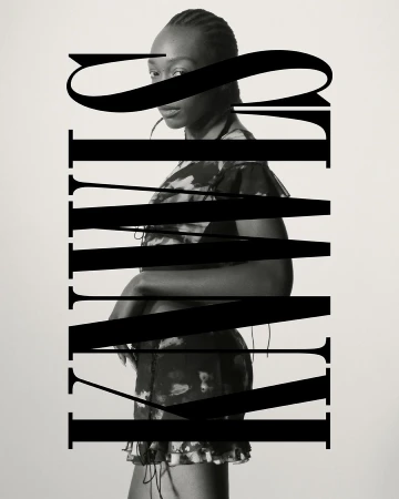 Portrait of a woman in a dress, partially obscured by bold black typography, against a plain off-white background, medium framing.