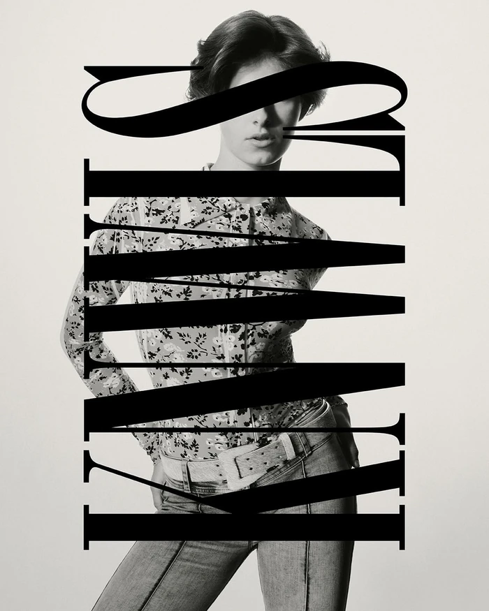 Model wearing printed long-sleeve top and denim jeans posed against a plain background with large overlaid typography.