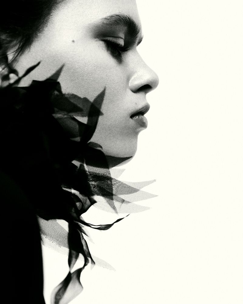 Black and white portrait of a woman in profile, with soft lighting and graphic black foliage obscuring part of her face.