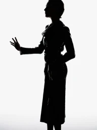Silhouette of a woman in a long coat posing with raised hand in profile against a bright white background.