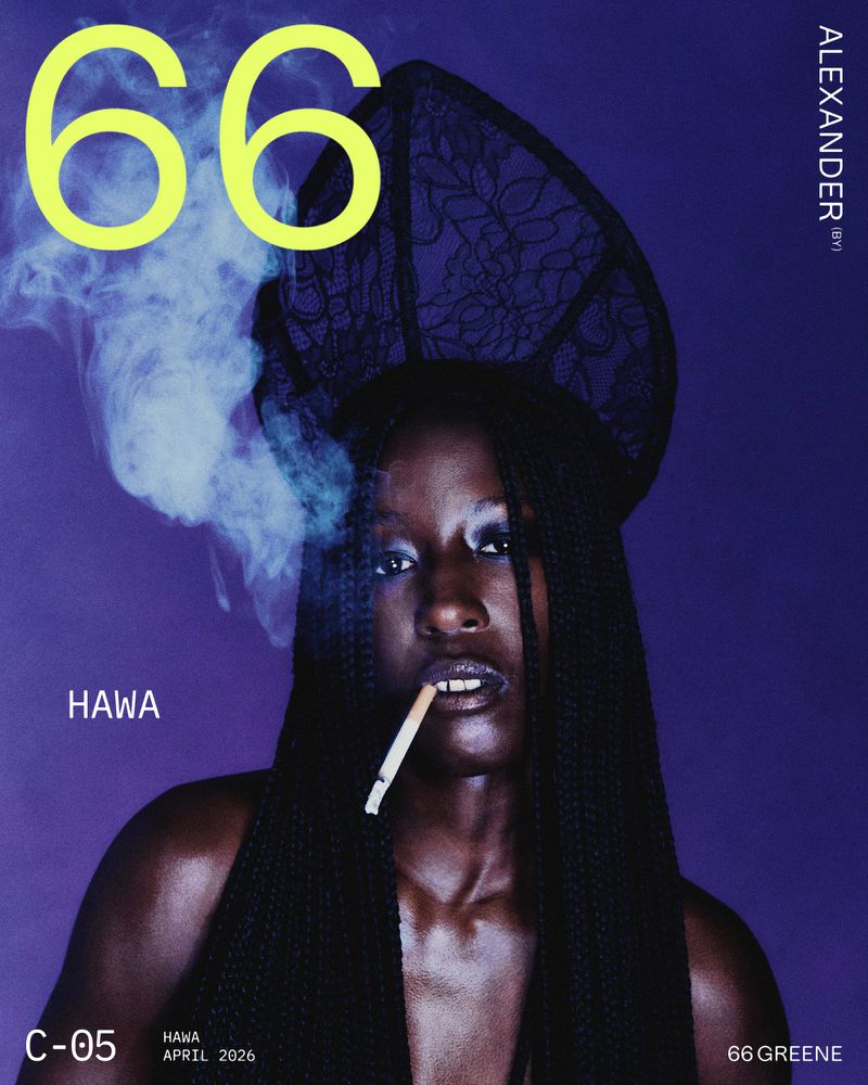 Magazine cover featuring a dark-skinned model wearing a black lace headpiece and smoking, against a purple and green background.