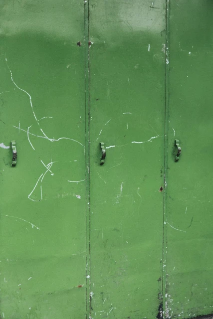 Close-up of a distressed, vintage green metal gate with panels and handles, featuring scratches and worn paint for a weathered look.