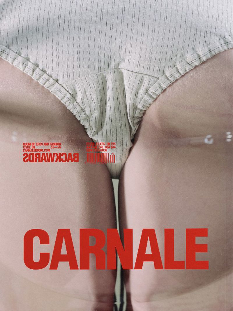 Close-up studio shot of a woman's lower torso and hips with visible striped underwear; red text and graphics are layered on top.
