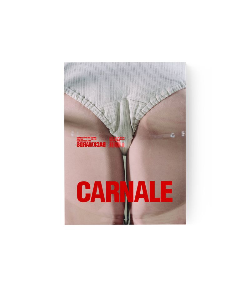 Close-up of a person's lower torso and upper thighs wearing light underwear. The word 'CARNALE' is printed in red over the image.