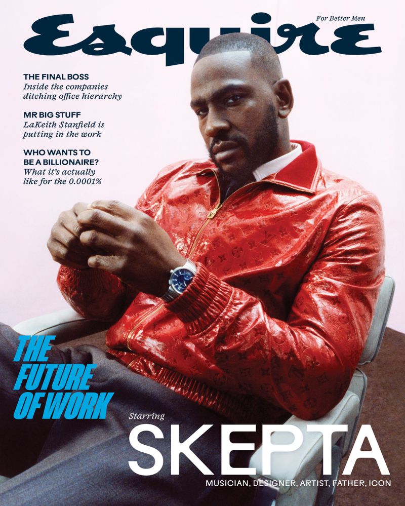 Esquire magazine cover featuring Skepta in a red jacket, seated in a chair with the magazine's masthead and headlines visible.