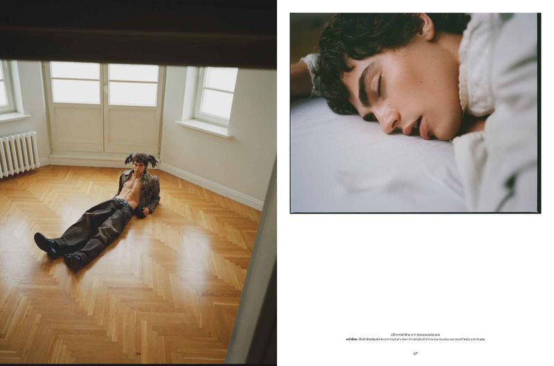 Indoor shot of a young adult male lying shirtless on a parquet floor in an empty room. A second image shows a man sleeping.
