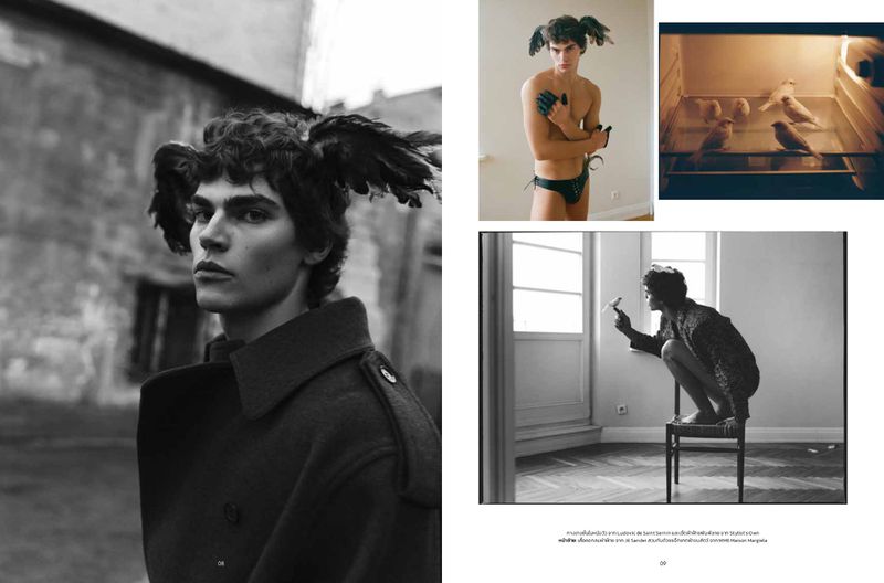 Monochromatic fashion shot featuring a man with feather accents, wearing a dark coat against a blurred urban backdrop, contrasted with inset photos.