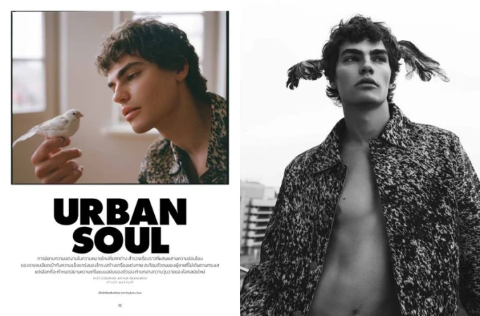 Editorial fashion shot of a young man in patterned jacket with bird on hand indoors and with wings and jacket outdoors.