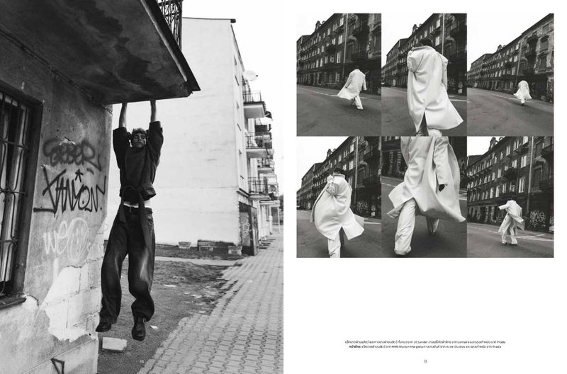 Monochrome fashion editorial layout featuring a man hanging from a building's ledge and a montage of a person in a long coat on a street.
