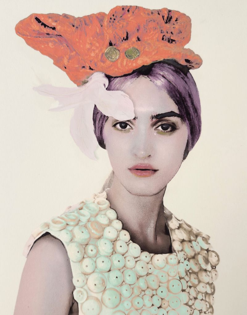 Artistic portrait of a woman with short violet hair wearing a button-covered dress and an orange headdress, on a neutral background.