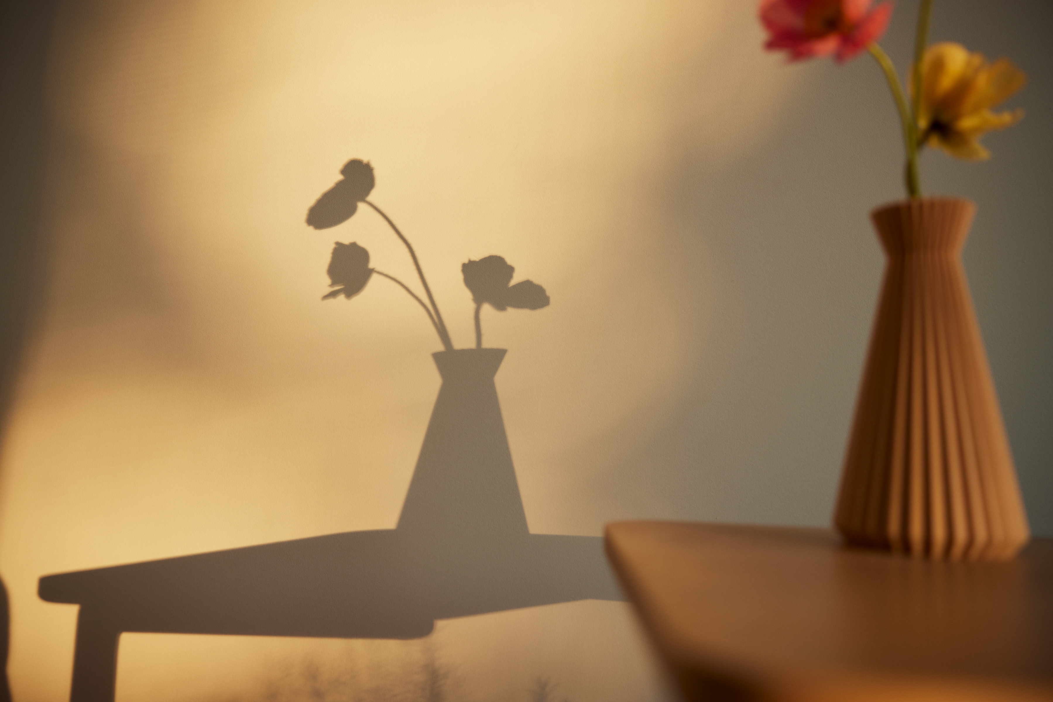 Still life featuring two vases, one holding flowers, casting shadows against a soft yellow and grey wall, creating a minimalist aesthetic.
