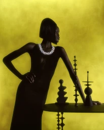 Model wearing a dark dress and statement necklace leaning on a table against a textured yellow background.