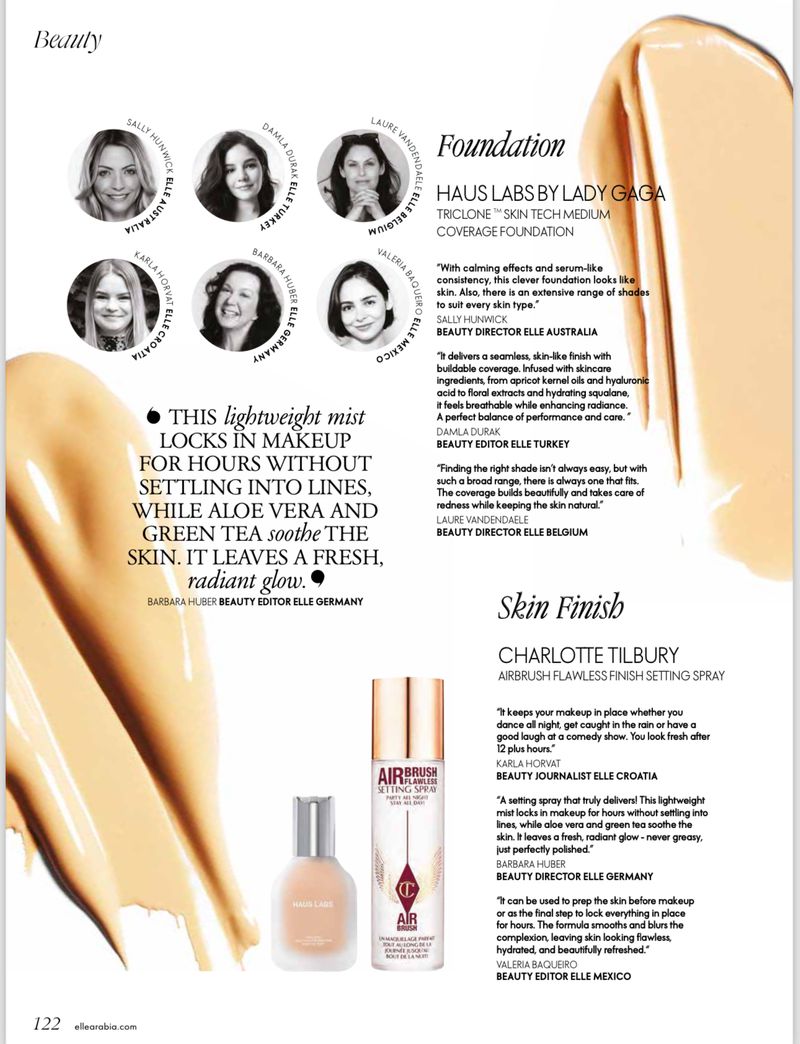 Beauty advertisement showcasing foundation and setting spray by Haus Labs and Charlotte Tilbury, featuring product details and testimonials from beauty editors.