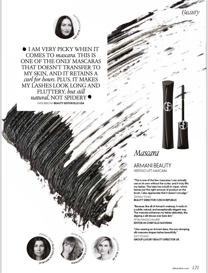 Armani Beauty Vertigo Lift Mascara is displayed with a mascara wand applicator and written beauty reviews on a white background.