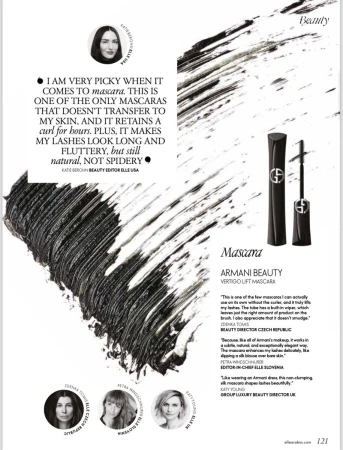Armani Beauty Vertigo Lift Mascara is displayed with a mascara wand applicator and written beauty reviews on a white background.