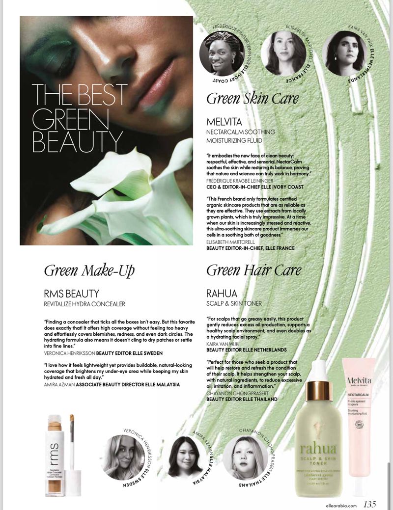 Beauty product advertisement featuring skincare and makeup: Melvita, Rahua, and RMS Beauty products highlighted with text overlays and model portraits.