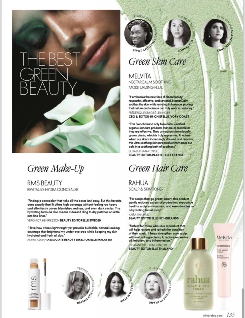 Beauty product advertisement featuring skincare and makeup: Melvita, Rahua, and RMS Beauty products highlighted with text overlays and model portraits.