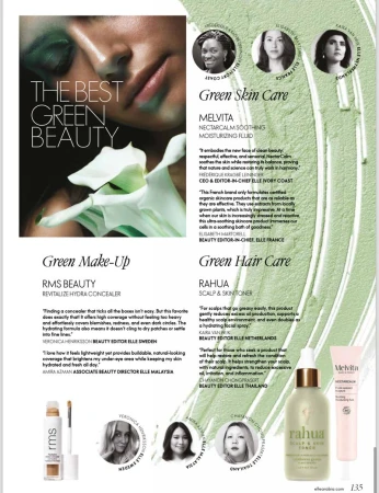 Beauty product advertisement featuring skincare and makeup: Melvita, Rahua, and RMS Beauty products highlighted with text overlays and model portraits.