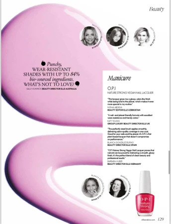 OPI Nature Strong vegan nail lacquer advertisement. Pink nail polish streak with cosmetic bottle. Beauty product close-up.