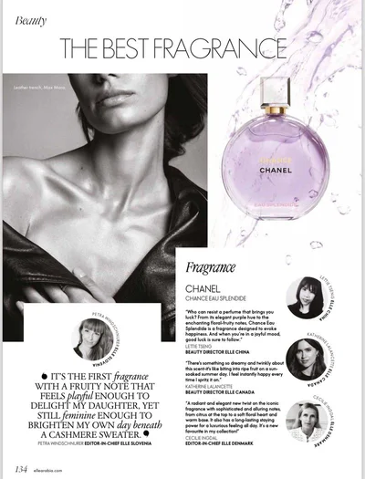 Magazine page layout featuring a monochrome beauty portrait beside a round lilac Chanel perfume bottle with water splashes.