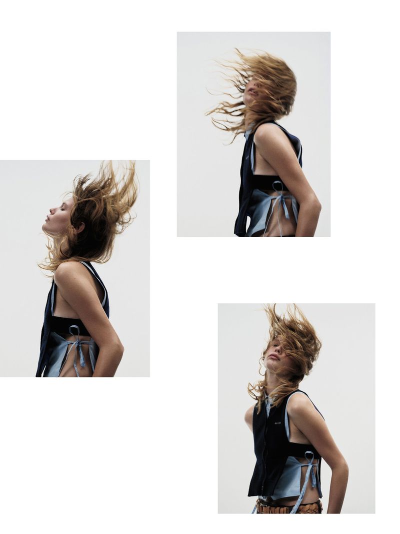 Three portraits of a woman with windblown blonde hair wearing a black vest against a gradient white background in a studio setting.