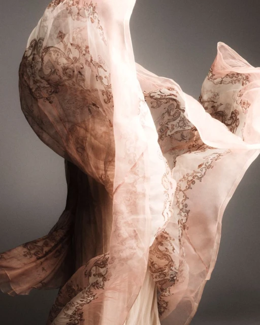 Flowing sheer fabric with an ornate print, gracefully suspended in mid-air against a soft gray backdrop creating an ethereal fashion moment.