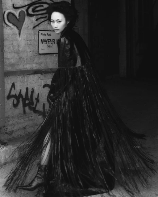 Monochrome fashion shot of an Asian woman in a black dress and boots, posing near graffiti-covered brick wall in an urban setting.