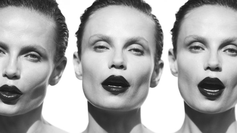 Close-up triptych portrait of a woman with slicked-back hair and dark lipstick against a white background, beauty and fashion photography.