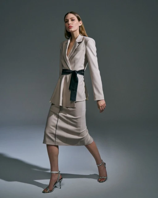 A stylish adult woman poses indoors wearing a cream-colored blazer, matching skirt, black velvet belt, and high heels in a fashion setting.