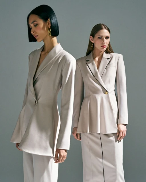 Two women in fashionable blazers stand in a photo studio. The models wear neutral-toned blazers with minimalistic gold earrings.