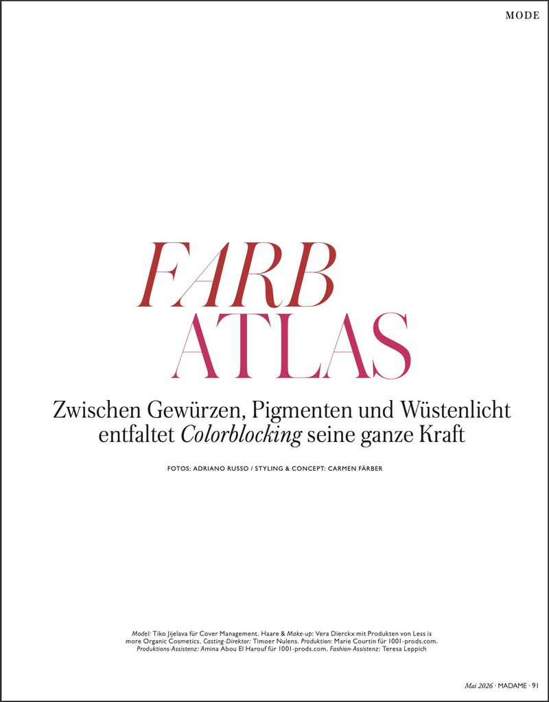 Minimalist magazine cover featuring the words 'Farb Atlas' in red and black type, with additional German text on a white background.