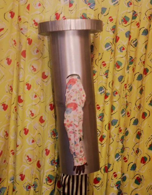 Abstract portrait of person wearing tube-shaped headwear, floral blouse, and vertically striped pants in front of patterned curtain.