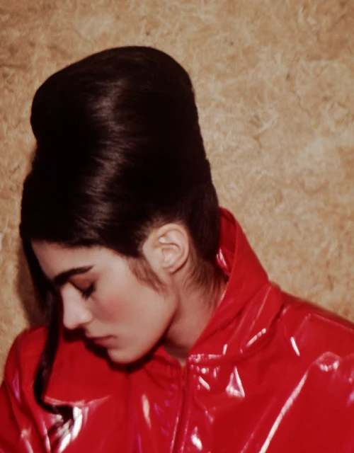 Portrait of a woman with a dark beehive hairstyle wearing a red, shiny jacket, against a tan textured background in a studio setting.