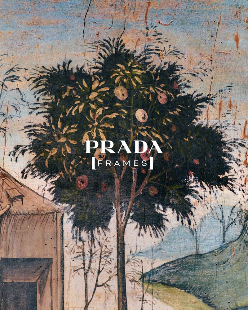 An artistic representation of a tree bearing fruit, positioned next to a building with a mountain range in the backdrop.