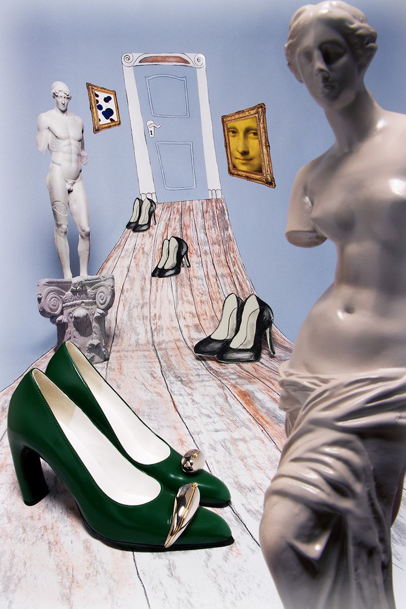 Fashion editorial featuring a pair of green high heels with gold embellishments, juxtaposed with classical sculptures and surreal backdrops.