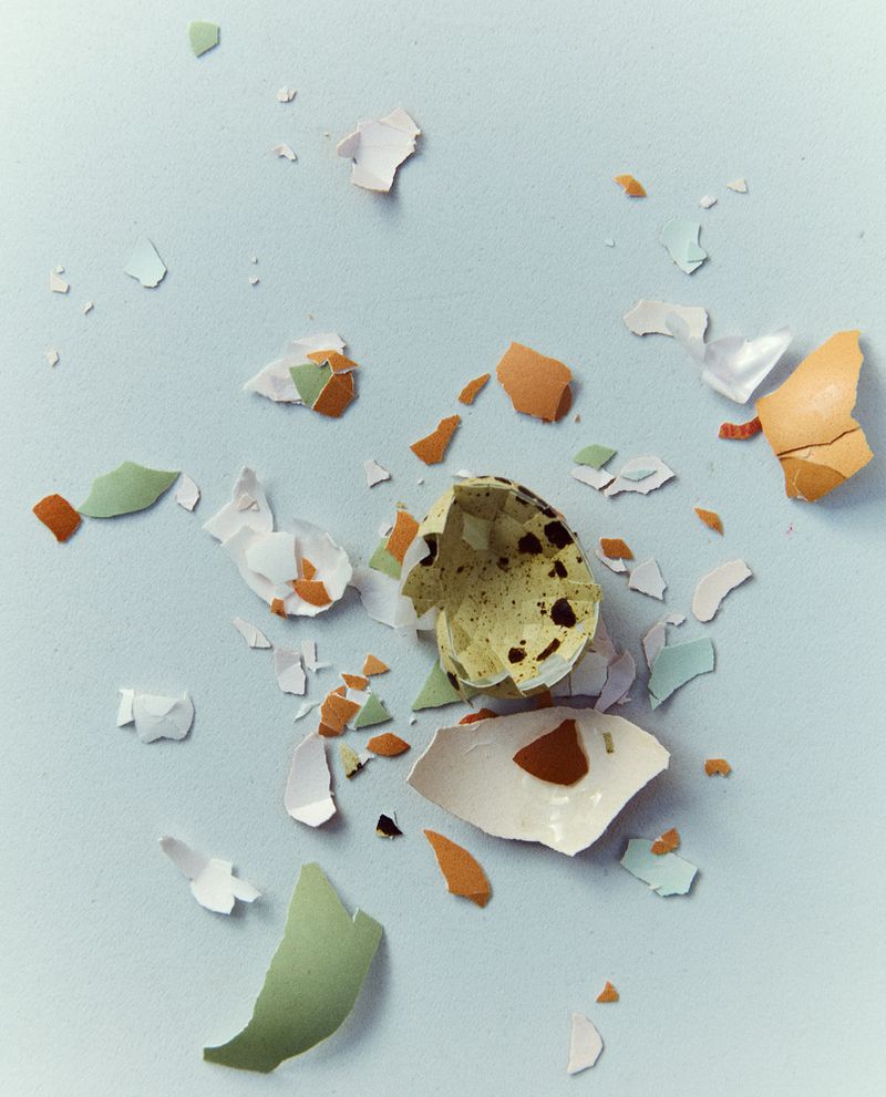 Overhead shot of a cracked quail egg with yolk, surrounded by broken eggshells in white, green, and orange against a light blue surface.