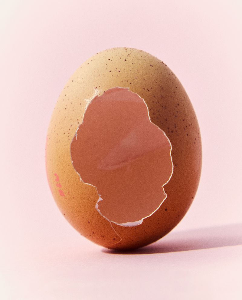 Cracked eggshell on pink background. Still life of a single egg with a hole in the top, showing the inside of the shell.