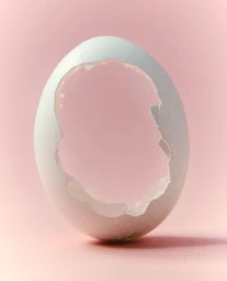 Hollow white eggshell with a large jagged opening standing upright against a soft pastel pink background.