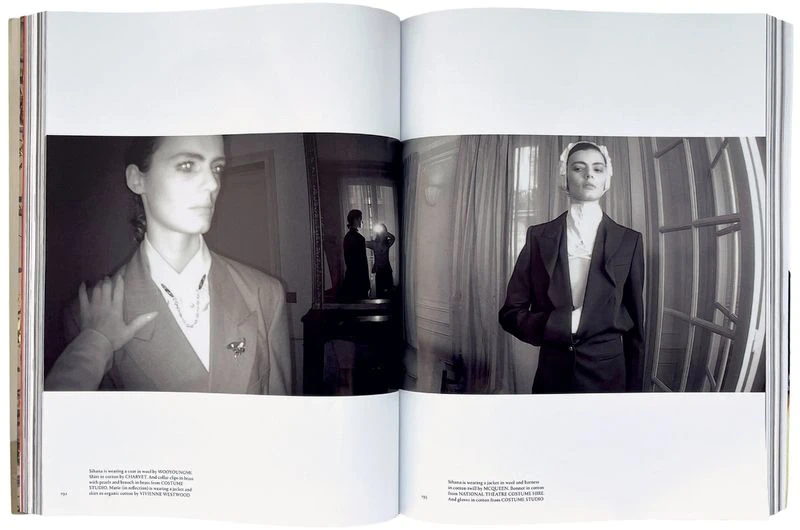Double-page magazine spread showing black and white editorial fashion photography of model Sihana Shalaj in interior settings