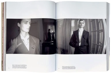 Double-page magazine spread showing black and white editorial fashion photography of model Sihana Shalaj in interior settings