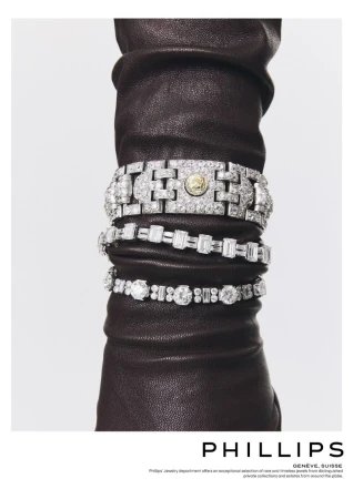 Three luxury diamond bracelets worn stacked over a ruched dark brown leather glove against a clean white background.
