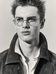 Black and white portrait of model Esteban Monbaliu wearing wire-frame glasses and a suede jacket for Zara.