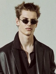 Model Esteban Monbaliu wearing dark oval sunglasses and a black leather jacket against a plain studio background.