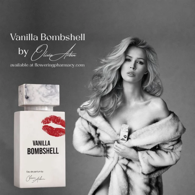 Black and white beauty shot of a woman in a fur coat holding a perfume bottle, alongside a larger bottle labeled Vanilla Bombshell.