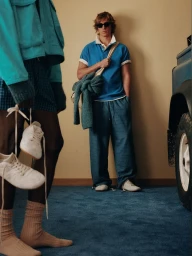 Model wearing a blue polo shirt and wide-leg trousers stands near a vehicle next to a model holding white sneakers.
