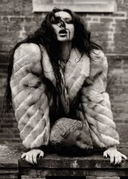 Charli XCX in an oversized chevron fur coat leaning over a stone ledge above a sculpted bust for British Vogue.